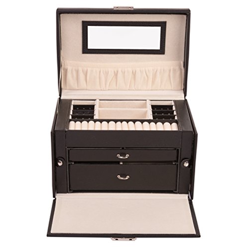 TRESKO® Schmuckkästchen Uhrenschatulle Uhrenbox Schmuckschatulle Schmucketui Schmuckbox mit Mini-Schmuckkasten für die Handtasche aus Kunstleder in schwarz, 17 Fächer, Tragegriff - 2