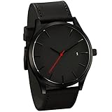 Herren Klassisch Quarzuhr, Keepwin Manner Minimalistisch Low-key Lederband Uhren Analoge Freizeit Armbanduhr (Schwarz A)