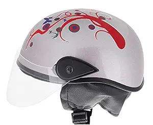 Western Era Stylish Half Face Helmet for Kids || Baby Safety and Comfort || (3-12 Years) (Silver Glossy) (Red Sticker)