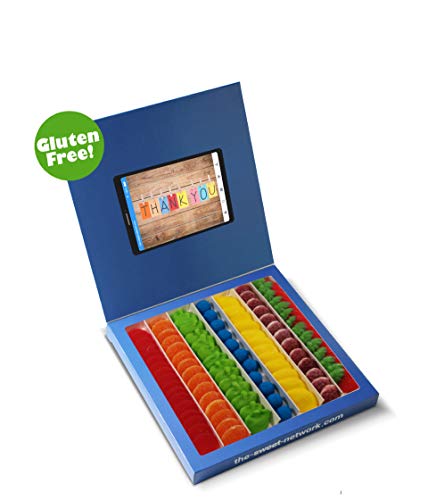 Caja tipo Facebook 23x23cm con mensaje THANK YOU, su interior contiene 750g de golosinas Rainbow