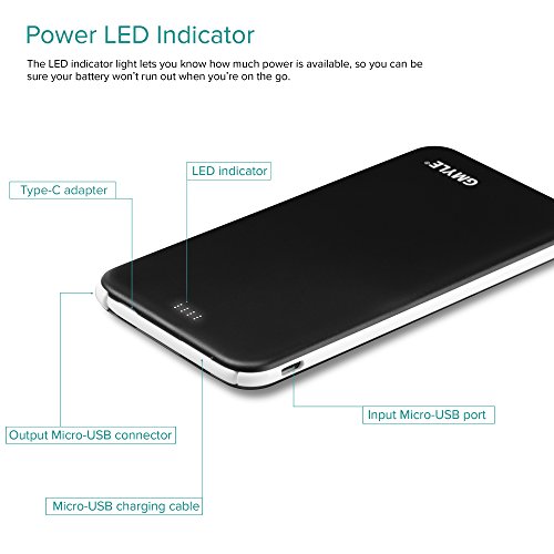 USB-C-Powerbank, GMYLE 5000 mAh, schmales tragbares externes USB-Ladegerät mit integriertem Micro-USB-Kabel und USB-Adapter Typ C (schwarz) - 3