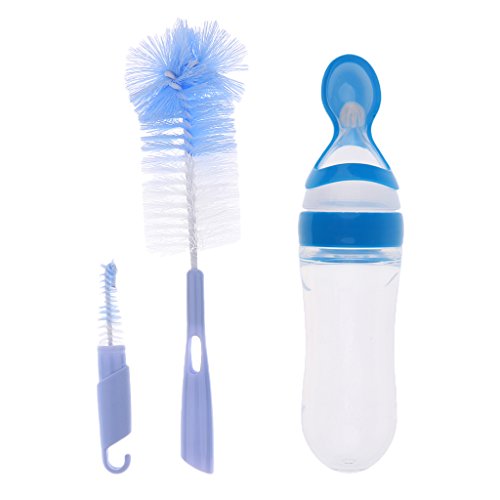 Preisvergleich Produktbild MagiDeal 90ML Baby Löffelspender Babylöffel Auslaufsicherer Löffel + Flaschenbürste Reinigungsbürste - Blau Löffel und Blau Bürste