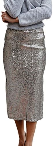 VENMO Sexy Women Glitter Zipper High Waist Side Slit Midi Long Pencil Skirt With Slit Jean Skirt For Club Evening Wearing (L)