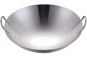 UPKOCH Wok aus schwerem Edelstahl, 28 cm, 28 cm, traditioneller Wok aus Stahl mit Doppelgriff (runder Boden)