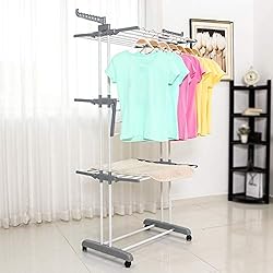 Etendoir à Linge Pliable, Séchoir à vêtements Mobile, Etendage à Linge, 4 étages 4 Roues, Ailes latérales, Tubes en Acier Inoxydable avec Espace Stockage Inferieur pour Chaussures (Gris)