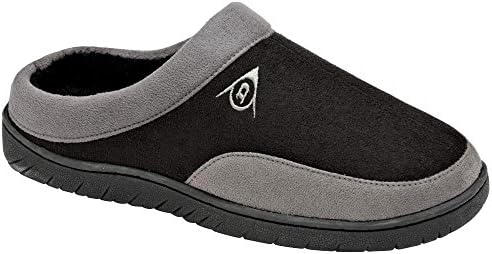 Mens Famous Dunlop Memory Foam Anti-Slip House Slippers Faux Sheepskin Fur Clog Slippers with Rubber Sole (8 UK, Black/Grey)