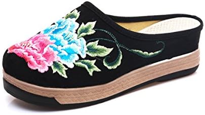 HANMAX Womens Chinese Embroidery Floral High Wedges Summer Slippers Shoes