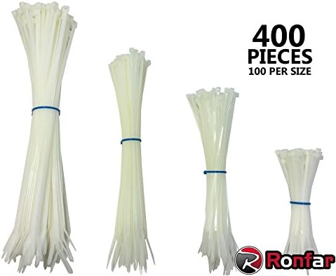 RONFAR 400 pcs White Nylon Cable Ties for Home, Office, Indoor and Outdoor Use (100, 160, 200, 250 mm)
