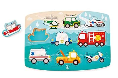 Hape Puzzle à Boutons Véhicules Prioritaires, E1406, Beige