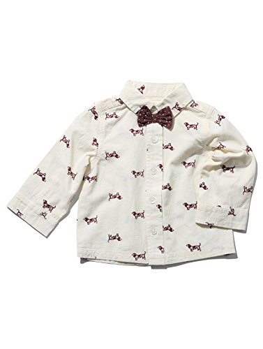 M&Co Baby Boys Long Sleeve Button Down Classic Collar Sausage Dog Print Bow Tie Detail Shirt Cream 12/18 Mnth