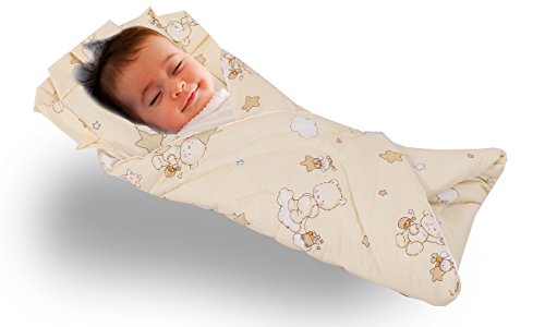 Love2Sleep SOFT TOUCH COTTON RICH BABY SWADDLE BLANKET WITH PADDED PILLOW 0 - 4 MONTHS DESIGN CREAM BEAR