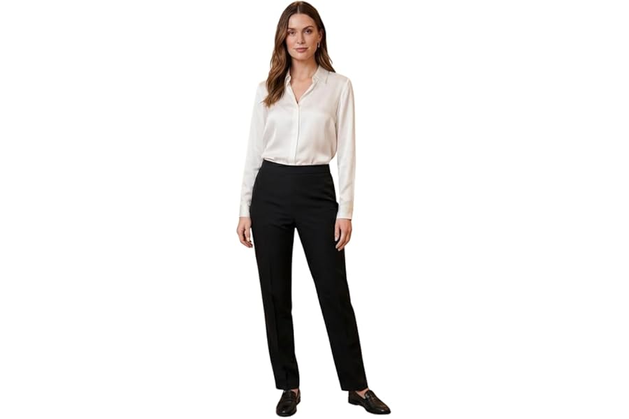 Ladies Trousers Half Elasticated Waist Women Straight Leg Pants Pull On Stretch Work Office Formal Casual Bottom with Pockets Lightweight Smart Trouser