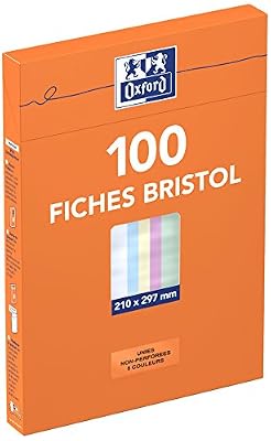 Oxford 100104411 Etui de 100 Fiches bristol non perforées A4 uni Couleurs Assorties