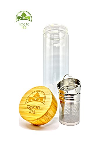 Time to Tea© Edel-Glas Tee-Bereiter und Fruit-Infuser mit Thermo-Funktion | hochwertige, doppelwandige Tee-Flasche mit Edelstahl-Sieb & Bambus-Deckel | Thermo-Trinkflasche ideal für Unterwegs, die Arbeit oder Uni | 450ml BPA-frei