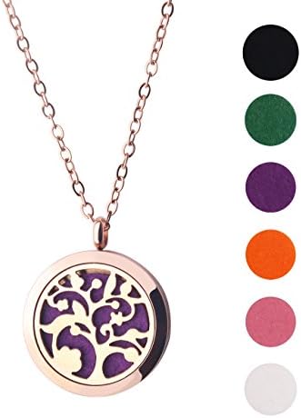 Fragrance Gift TM Surgical-grade Hypoallegenic 316l Stainless Steel Aromatherapy Essential Oil Diffuser Necklace 19.88 Inch Chain with 4 refill pads(Rose Gold-Tree)