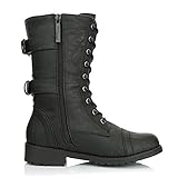  Minetom Damen Stiefel Militär Kampfstiefel Schlupfstiefel Herbst Winter Stiefeletten Mode Flache Schuhe Schnüren Reißverschluss Ankle Boots Kreditkarte Bankkarte Tasche Schwarz 40 EU