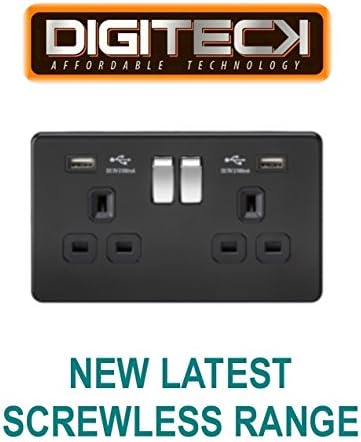 ML146 - LATEST SCREWLESS 2 GANG 13A DP SWITCHED SOCKET WITH DUAL USB CHARGER PORT MATT BLACK FINISH WITH CHROME ROCKER