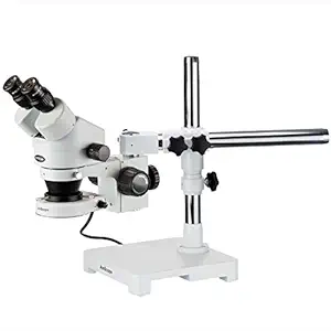 AmScope SM-3BZZ-80S Professional Binocular Stereo Zoom Microscope, WH10x and WH20x Eyepieces, 3.5X-180X Magnification, 0.7X-4.5X Zoom Objective, 80-Bulb LED Ring Light, Single-Arm Boom Stand, 90V-265V