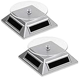 LIEFERUMFANG: 2 Stück Solar Drehbühne - Maße: 10 x 10 x 4 cm, Durchmesser: 88 mm, Farbe: Silber. Belastbar bis ca. 200 Gramm. Mit ca. 5 -7 Umdrehungen pro Minute je nach Lichteinstrahlung.