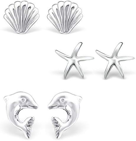 Happy Silver Set for Children and Women Starfish Shell Dolphin 925 Sterling Silver Stud Earrings 3 Pairs/Set of 6 Fish Tank 1003