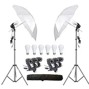 HIFFIN E27 Studio Triple Holder KIT Mark II Umbrella White + Studio Light Stand 9 FT+ Umbrella and Bulb Holder Kit (2 Triple Holder,2 Light Stand 9FT,2 Umbrella, 6 20 W LED Bulb)