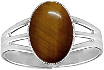 Rubaa Jewellery14x10mm Oval Genuine Tiger's Eye Cabochon Silver Plated Adjustable/Expandable Ring