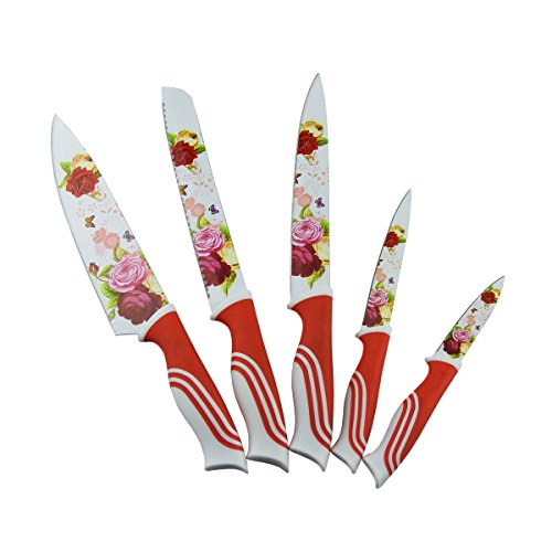 Edelstahl 5 Stück Messer Set mit Messer-Box, Kissal Küchenmesser mit schönen gedruckten Blumen Kreatives Leben Wonderful Kitchen - Rot