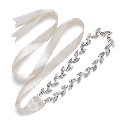 SWEETV Brillantes Joyería Correa Vestido Cinturones de Mujeres Forma de Hoja Cristal Decoración Nupcial Boda, Plateado+Marfil