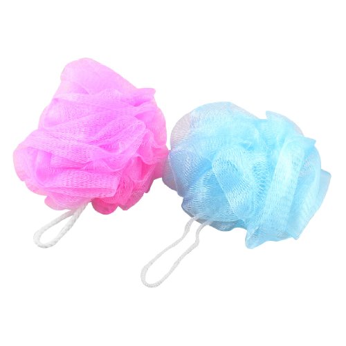 Mesh Soft Bath Sponge Body Pouf Shower Scrubber Blue Fuchsia 2 Pcs
