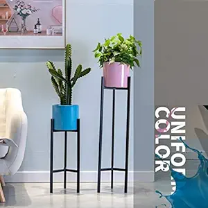 Weston Crafts Modern Plant Stand- Set with Tall Metal Stand, Decorative Standing Flower Succulent Pot Holder, Indoor Outdoor Terrace Patio Home Decor (Golden) (Set of 2)