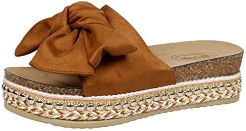 SHU CRAZY Womens Ladies Faux Suede Slip On Bow Detail Flatform Open Toe Espadrilles Sliders Sandals Shoes - N67 (UK 6/EU 39, Camel)