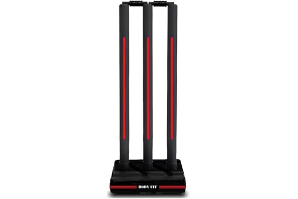 BodyFit Premium Cricket Wicket Set l Heavy Duty Plastic l Standard Size l 3 Stumps+2 Bails+1 Stand Set l Professional Quality for Cricket Ground, Match, and Tournament.(Floro Red)
