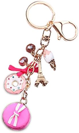 Espoy Mini Eiffel Tower Keychain Macaron Cake Dessert Keyring with Bow Donuts Ice Cream Pendant Souvenir for Girls Women Pink