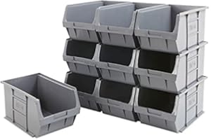 BiGDUG Plastic Parts Bins - Storage Bins For Picking - Pack of 10 - 175H x 200W x 355D mm - Stackable or Wall Mounted Storage - Grey