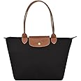 Tote Top Handle Bag,Lightweight Packable Stylish Handbag Foldable Zipper Travel shoulder Bag school bag Longchamp Le Pliage Tote Bag, Black with Brown Leather ，large