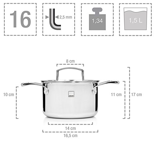 Sänger Premium Tri-Ply / 3-Ply Kochtopfset 8 teilig mit Glasdeckel und mattierten Edelstahlgriffen | Geeignet für alle Herdarten, auch Induktion | 16 cm Stielkasserolle, 16, 20 und 24 cm Kochtopf - 4
