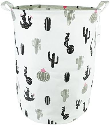 19.7" Large Sized Waterproof Coating Ramie Cotton Fabric Folding Laundry Hamper Bucket Cylindric Burlap Canvas Storage Basket with Stylish Cactus Design (Black)