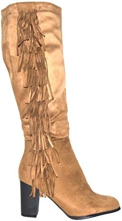 Ladies Tassel Fringe Knee High Mid Calf Round Toe Block Heel Suede Zip Winter Boots - Camel 3