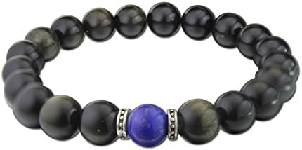COLORFEY Mens Healing Bracelets Natural Gemstone Golden Obsidian Black Beads Energy Stone Elastic Stretch Bangle