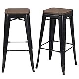 Yaheetech Lot de 2 Tabouret Bar Industriel Design Chaise Haute de Bar 76,5 cm Metal et Bois 150 kg pour Cuisine Bistrot Salle à Manger Intérieur et Extérieur