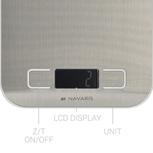 Navaris Digitale Küchenwaage / Genaues Wiegen bis zu 5kg / elektronische Präzisionswaage mit LCD-Display Anzeige / für Küche und Haushalt / mit Tara-Funktion / Inkl. Batterie / in Silber - 4