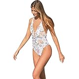 JMETRIC Damenmode Blumendruck Badeanzug einteiliger Strandbikini(Weiß,M)