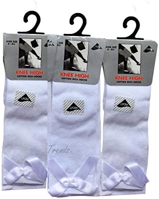 Bow Knee High School Girls &amp; Kids Plain Long Length Cotton Stretch With all size &amp; colour (Set of 6 pairs) (UK 6-8.5 (EU 23-26.5), White)