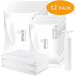 SPACE solution Lot de 12 Sacs de Rangement sous Vide Réutilisable de 3 Tailles Différentes avec Pompe, Bonne étanchétité Les Housses de Rangement sous Vide de Voyage pour Manteaux Vêtements Couettes