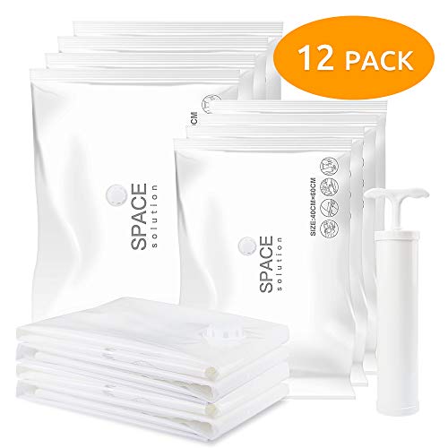 SPACE solution Lot de 12 Sacs de Rangement sous Vide Réutilisable de 3 Tailles Différentes avec Pompe, Bonne étanchétité Les Housses de Rangement sous Vide de Voyage pour Manteaux Vêtements Couettes