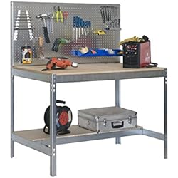 Simonrack 778100045159062 - Banco de trabajo (1440 x 900 x 600 mm, 2 estantes y 1 panel perforado, 400 kg - 250 kg) color galvanizado/madera