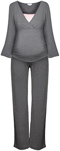 Herzmutter Comfortable Maternity Pajamas-Nightwear For Pregnant Women - Garments In Long or Short Style - Out Of Viscose, Darkblue, Grey, Taupe, Striped, Maritime, (2000) (XXL, Darkgrey Rose)