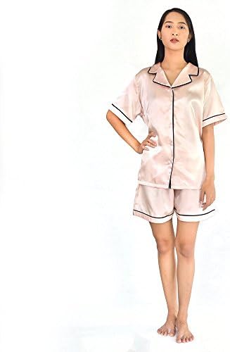 Womens Silky Satin Short Sleeve Pajamas Shorts Set Sleepwear (X-Large Pajamas Set, Rose Gold)