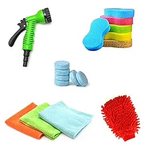 Kanya Car Cleaning kit Car Accessories Combo Pack (Water Spray Gun/ 3 Pcs Microfiber Cloth(40x40Cm),2 Pcs Magic Tablet/Magic Sponge/Hand Gloves)-Car Washing kit Pack of 7