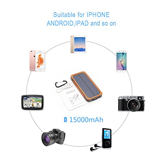 15000 mAh  Dual USB Cargador Solar port  til Backup Power Bank para exteriores de Panel Solar Cargador con LED de luz de emergencia para iPhone Samsung HTC y otros Smartphone Naranja 